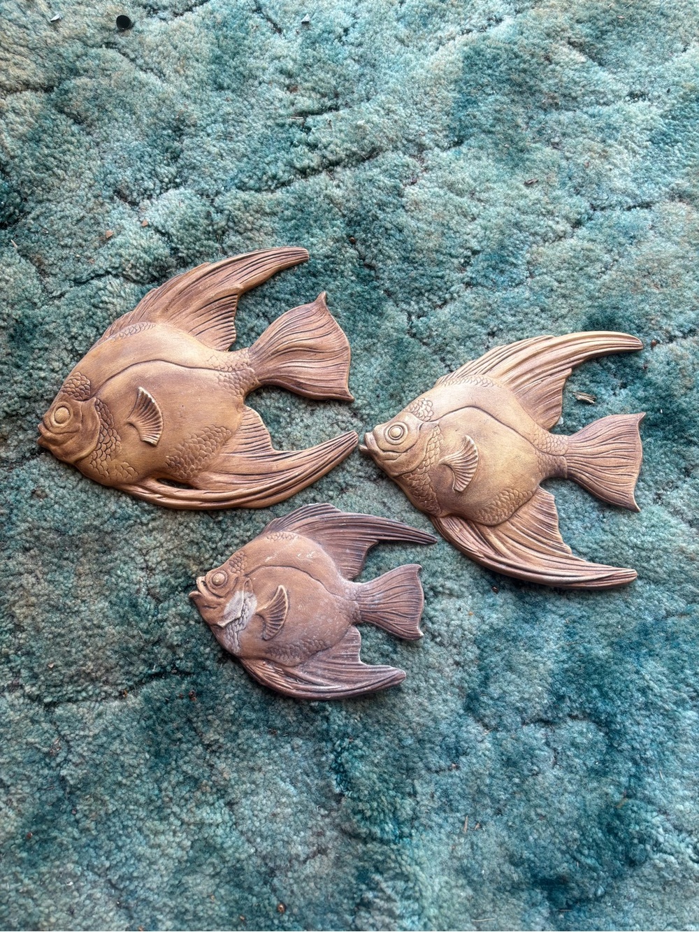 Vintage Set of Three Holland Mold Ceramic Angel Fish Wall Hangings Bronze
